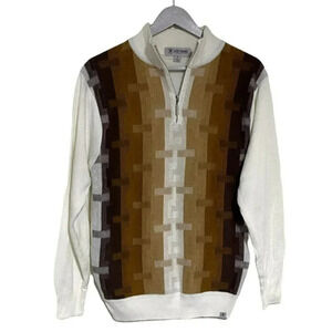 Stacy Adams M brown tan white print 1/4 zip knit Grandpa sweater Retro‎ Y2K